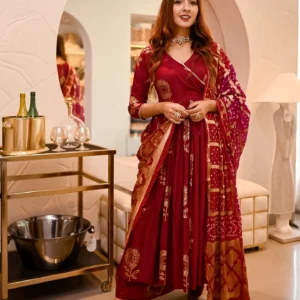 Maroon Angrakha Bandhej Suit Set